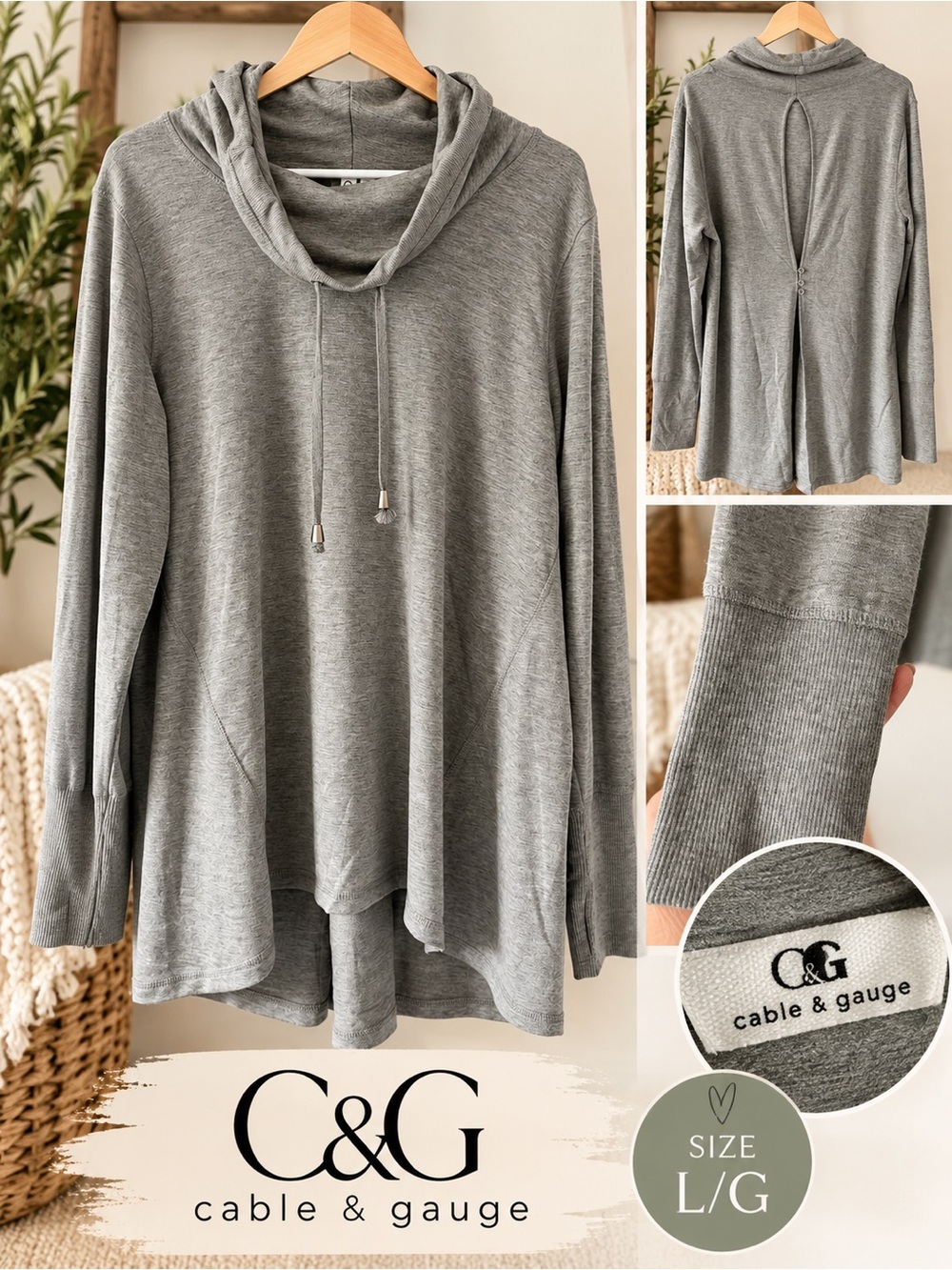 Cable & Gauge Split Back Cowl Neck Sweater Grey Large